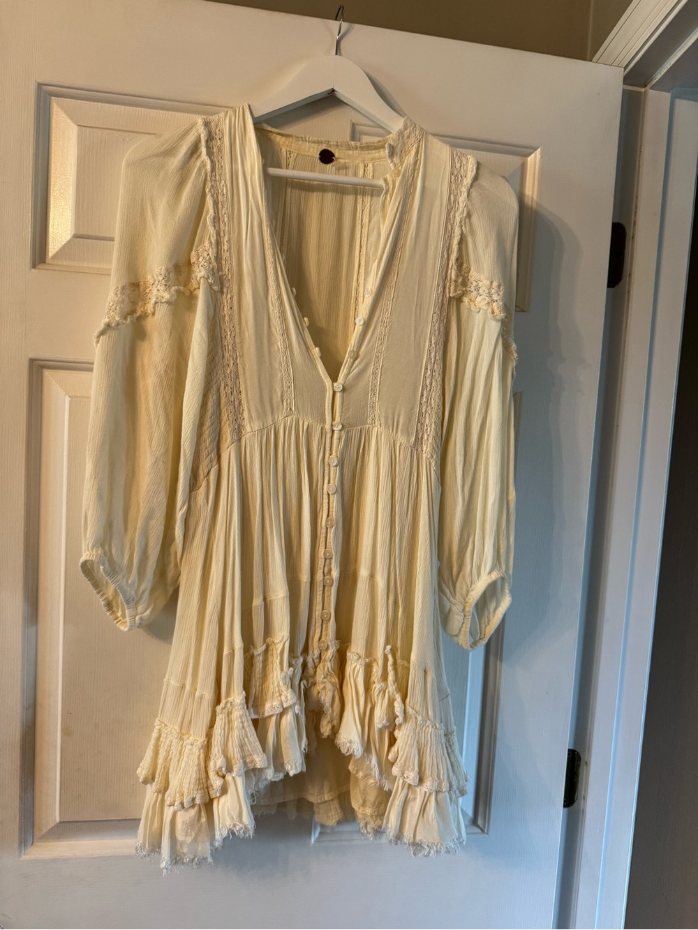 Free People Cream Lace-Trim Button-Front Tiered Dress
